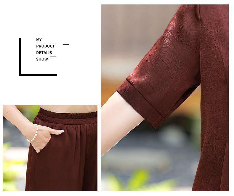 Mamas Sommer-Eis-Seiden-Zweiteiler: Damen-Oberteil und Hosen-Set für mittleres und höheres Alter