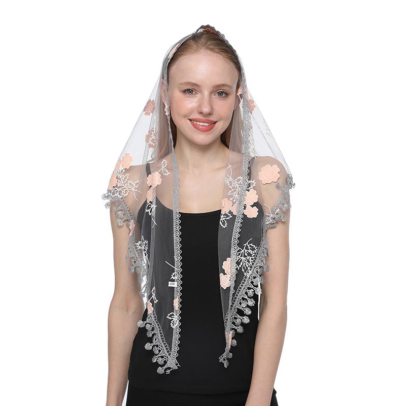 Embroidered Scarf for Church Shawl with Spanish Fringes Christian Veil Spanish Mantilla Lace Shawl Floral Women Handkerchief