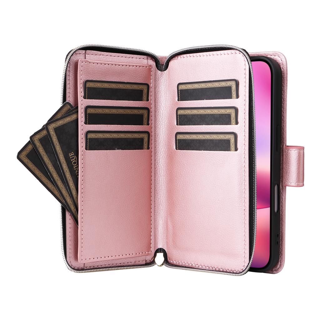 For iPhone 17 Case Zipper Pocket 9 Card Slots PU Leather Phone Cover with Hand Strap