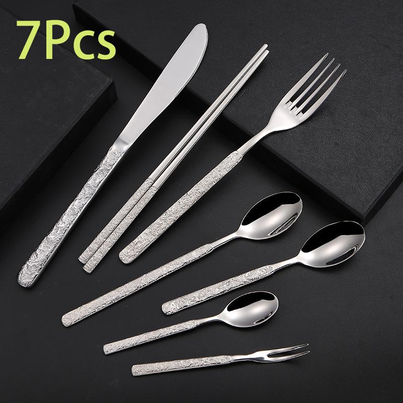 Stainless Steel Hammer Pattern Tableware for Restaurant and Home, High-End Knife, Fork, Spoon, Kitchen Utensils Set, 304, 7Pcs