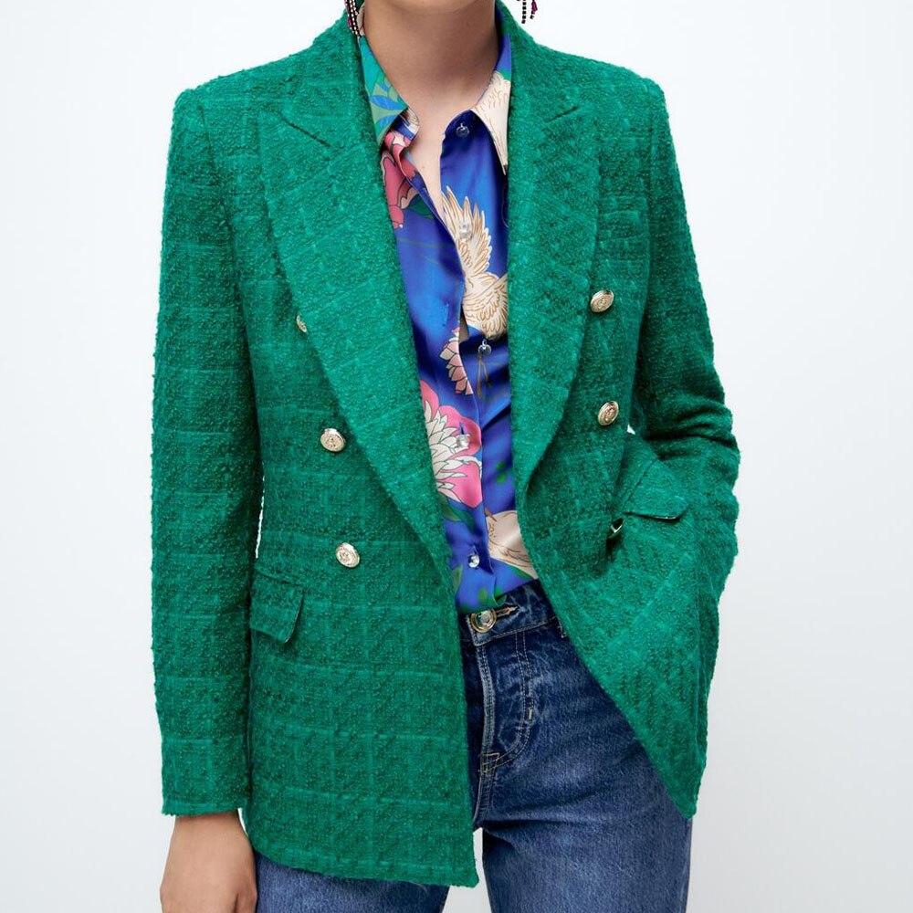 Women Jacket Autumn Fashion Double Breasted Tweed Check Blazer Coat Vintage Long Sleeve Pockets Female Outerwear