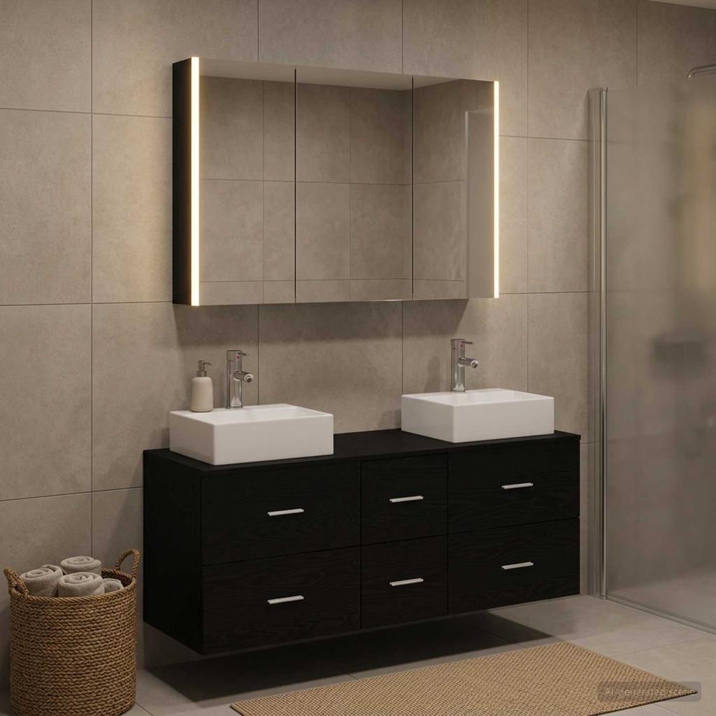 Bathroom Furniture Set 4 Pcs Black Oak Engineered Wood and Glass
