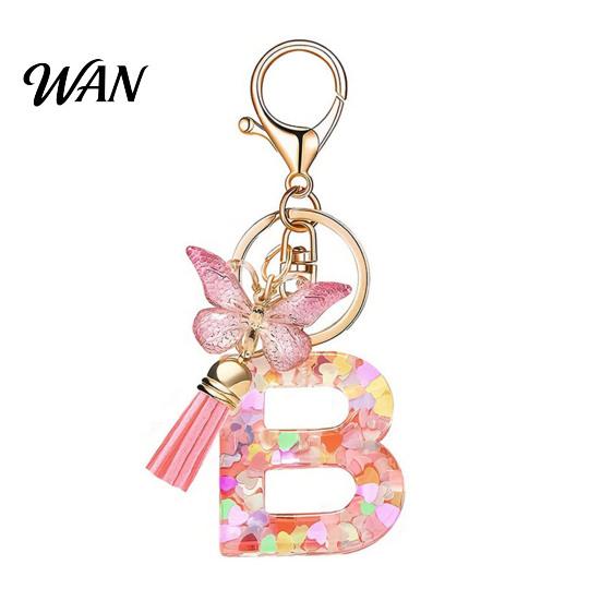 Pocket Keychain Pink Series Pendant, Sequins Heart Initial Letter Charm Key Chain with Everyday Carry Butterfly Tassel Design, A-Z Holder for