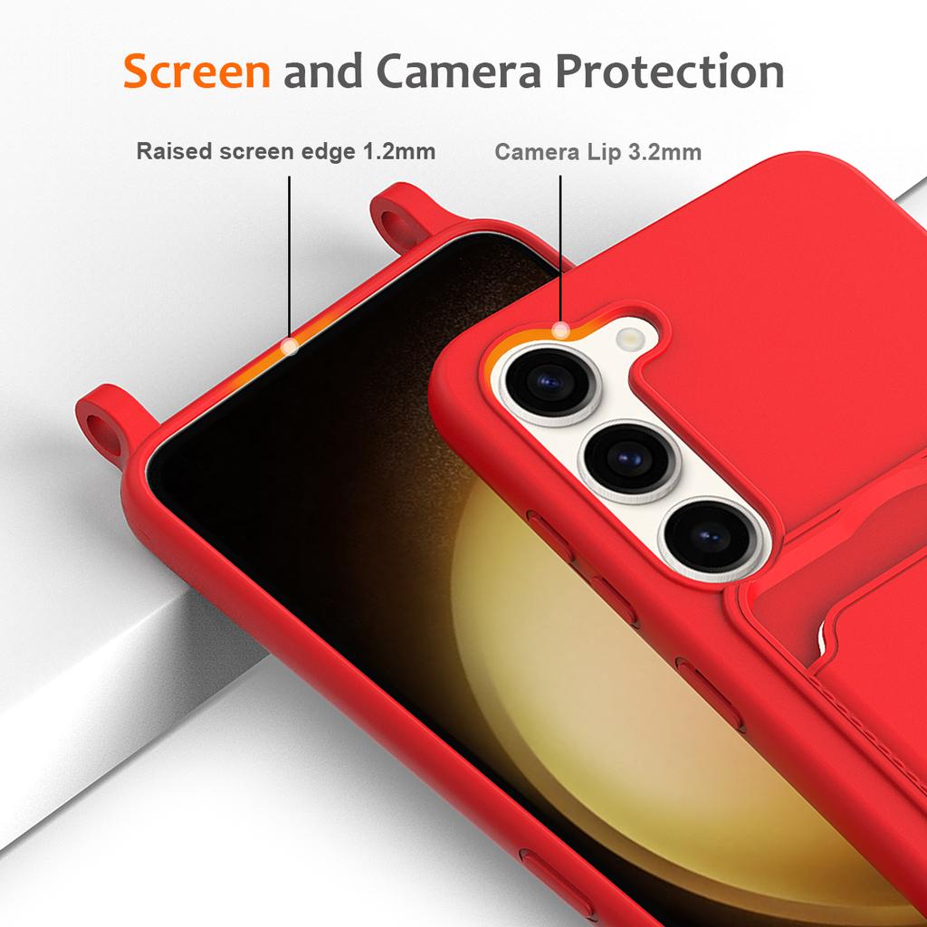 For Samsung Galaxy S23+ Case Liquid Silicone Card Holder Phone Back Cover with Lanyard