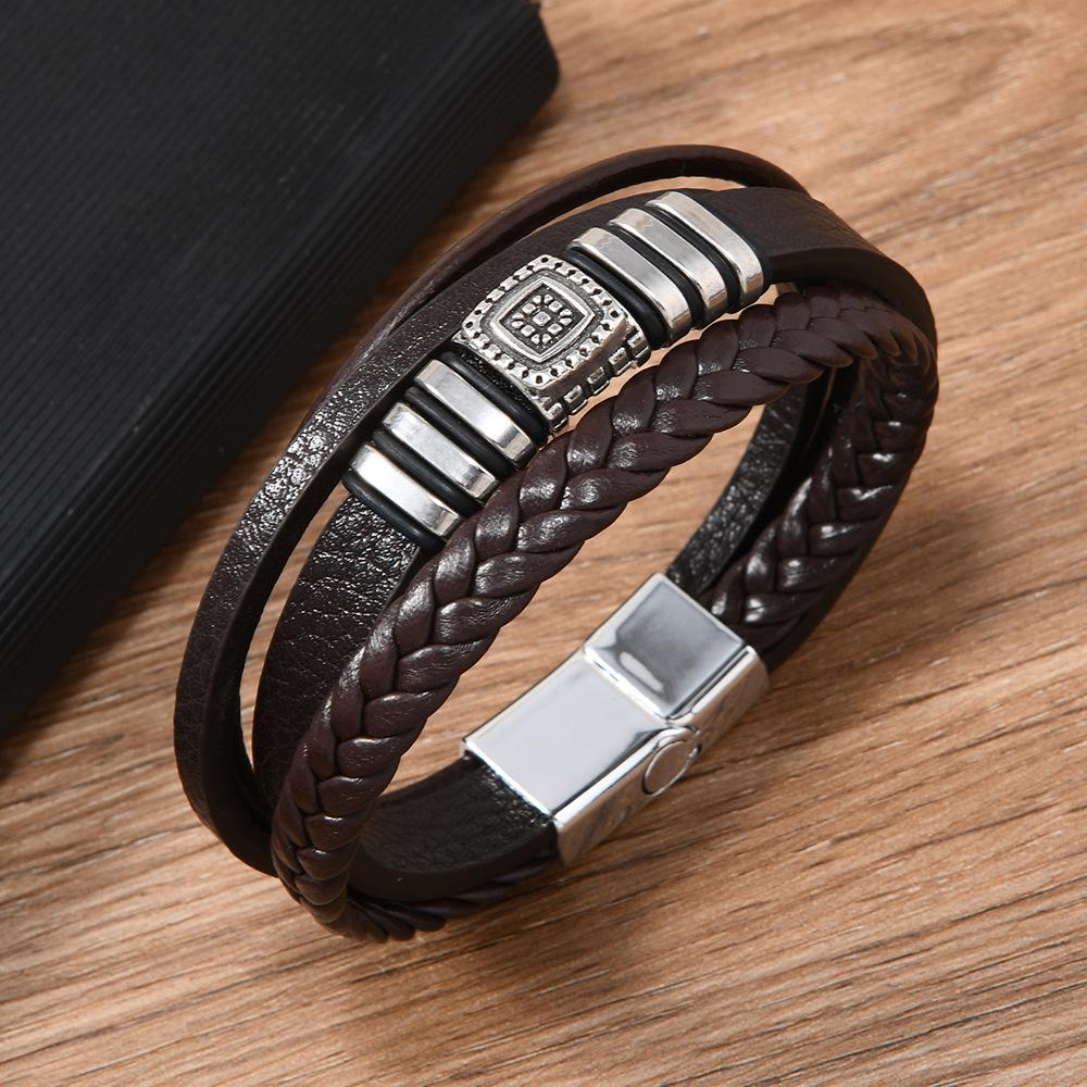 European-American Retro Style Zinc Alloy Multi-Layer Men's Leather Bracelet