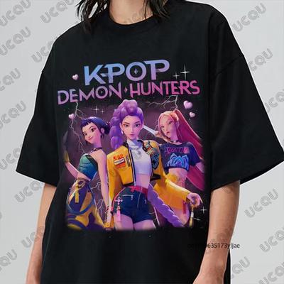 Hot Sale K-Pop Demon Hunters Print Cotton T-shirt For Women Summer Short Sleeve O-neck Tees Casual Streetwear Couple Tops