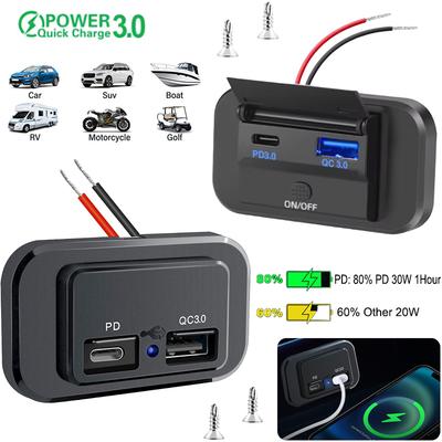 12V/24V PD QC3.0 Car Charger Socket Power Adapter Quick Charge Waterproof with LED Light For Motorcycle Auto Truck ATV RV Bus