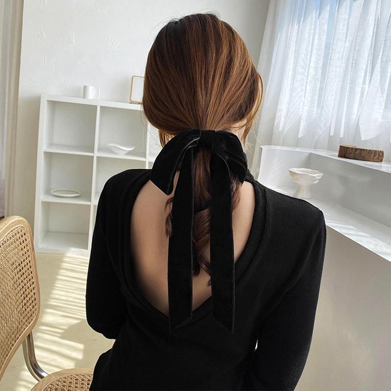 Fashion Black Velvet Bow Hair Ribbon Scrunchie For Women Girl Elastic Hair Tie