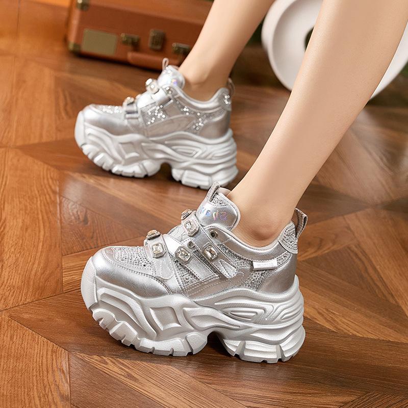 Fashion 2025 Spring New Chunky Sole Dad Shoes for Women Water Diamond Platform Single Shoes Fashionable Hidden Heel Sneakers