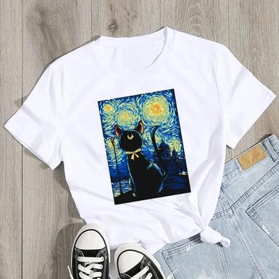Van Gogh Hvězdná noc Kočka v tisku Dámské oblečení Tričko Estetický vzor Bavlna Krátký rukáv Polyester Dámské tričko