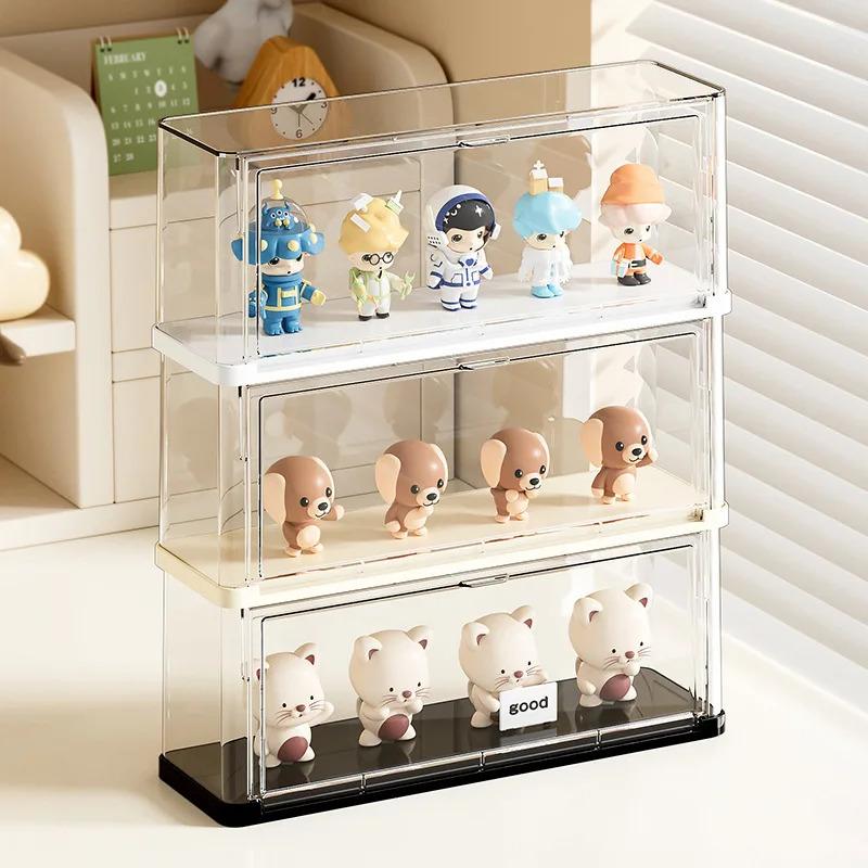 Stackable blind-box storage case, figure display box, dustproof PET clear organizer with stand for dolls and collectibles