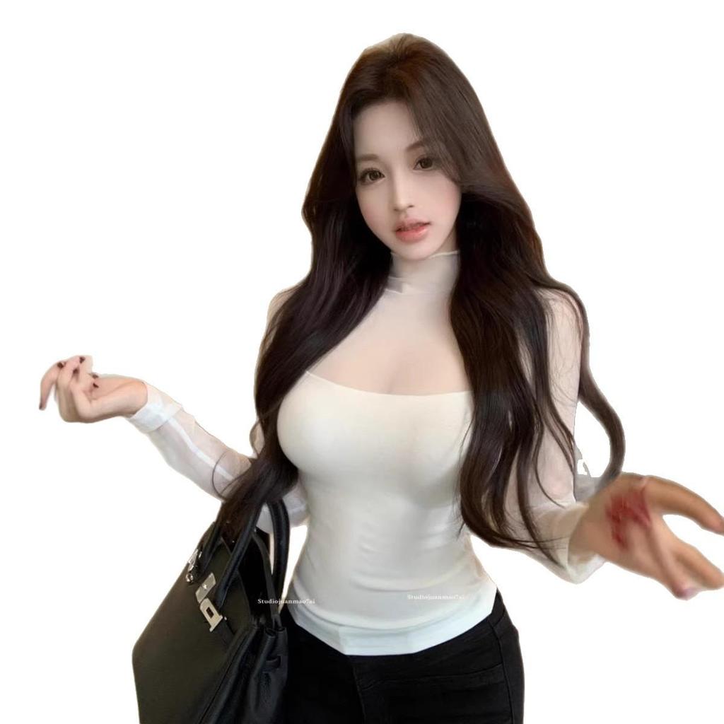 Women's Sheer Mesh Long-Sleeve T-shirt, Spring/Autumn, Half-High Neck Layer, Stylish & Sexy Under Layer.