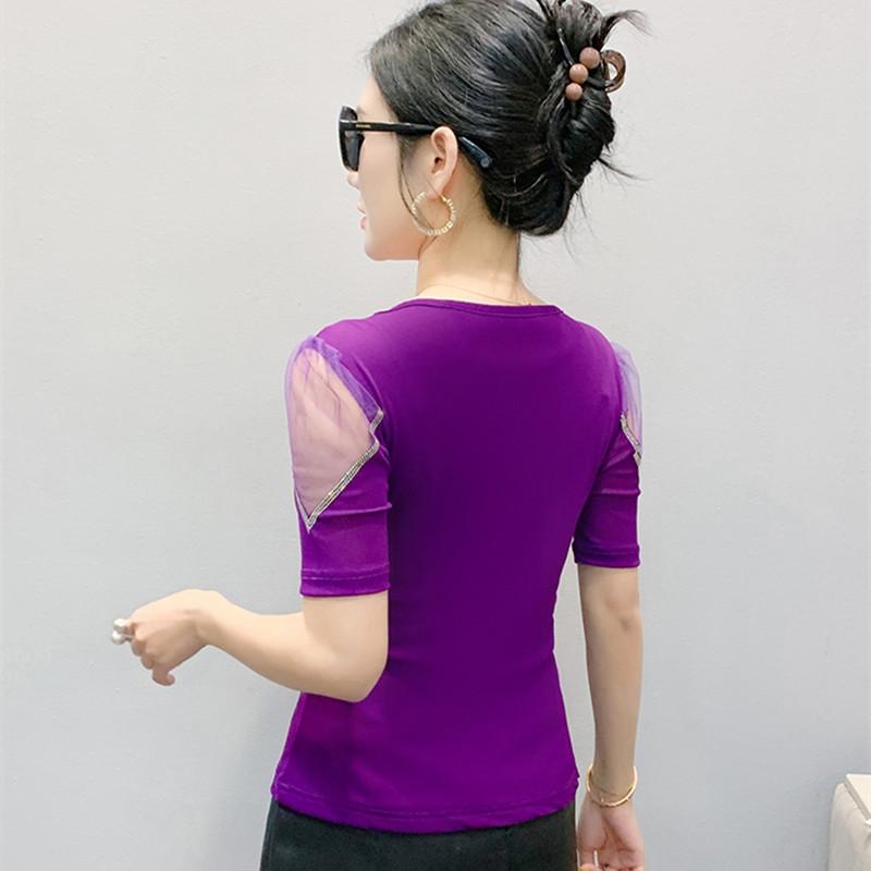 New European V-Neck Women Bling Flower Butterfly T-Shirt Streetwear Hot Diamonds Tees Summer Short Sleeve Slim Tops