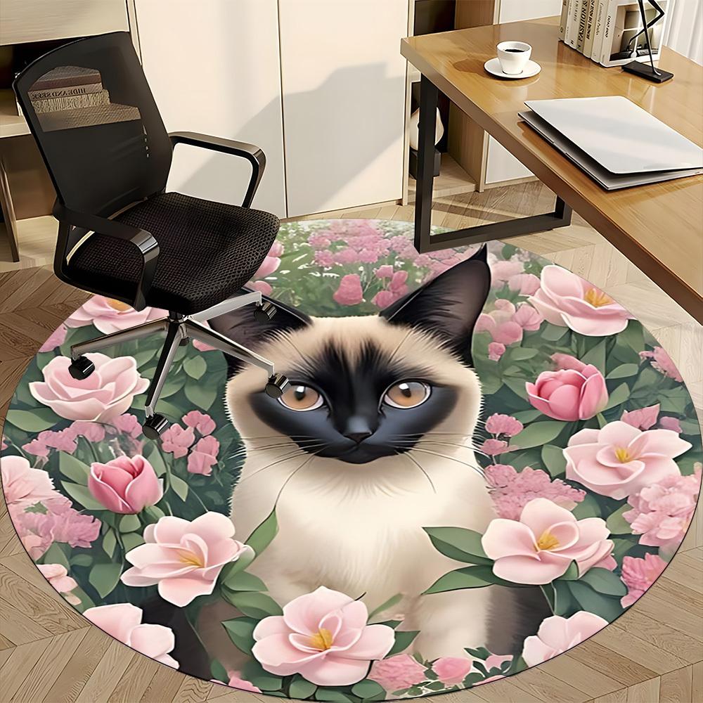 1pc Cat Floral Print Office Round Rug, Carpet for Office, Gaming, Lightweight Round Floor Mat yy260208087
