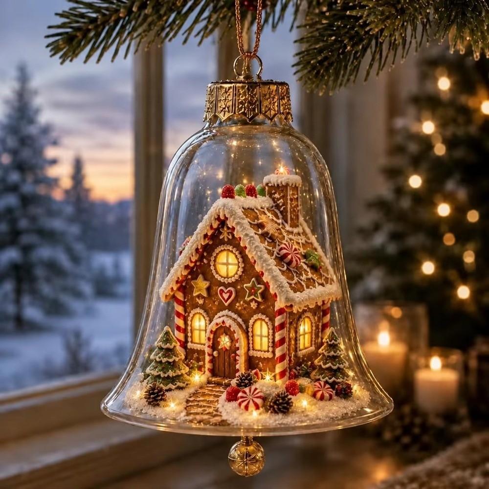 Transparent Lighted Christmas Bell Ornament Acrylic Cartoon Style Clear Christmas Bauble Ornament LED Lighted Plastic