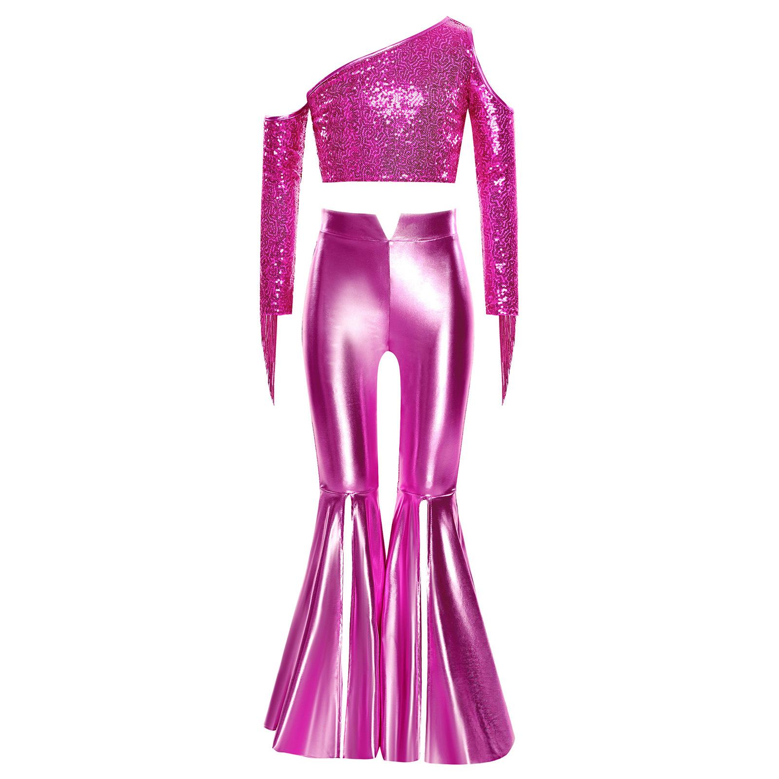 

Костюм для виступу на конкурсі краси для дівчаток з одним плечем, довгим рукавом, китицями, блискучими паєтками, кроп-топом з розрізом та штанами-кльош гарячі рожевого кольору