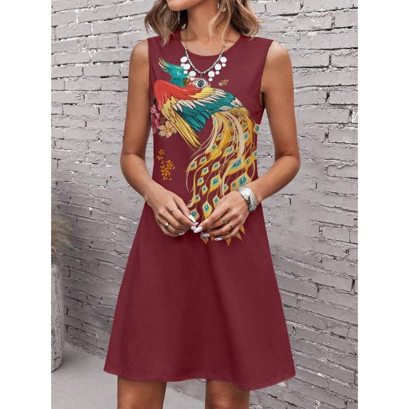 Vestido feminino plus size de verão estampado sem mangas gola redonda vestidos midi