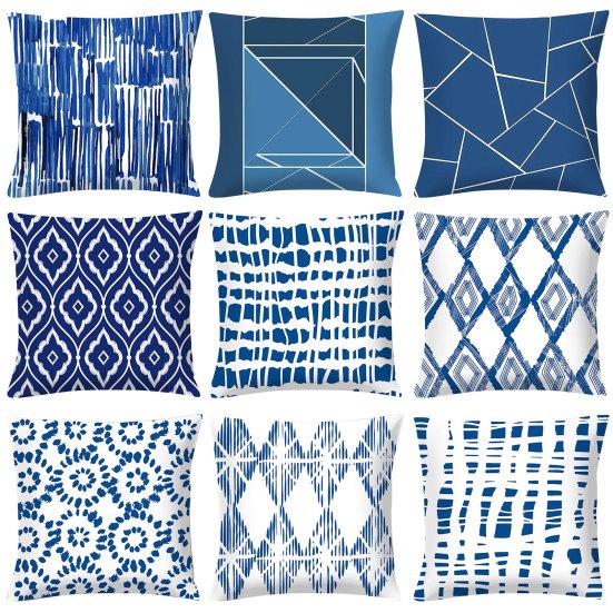 Blue Geometric Printed Throw Square Pillow Cover Sofa Chair Cushion Pillowcase