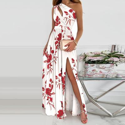 Printed Long Dress Women High Waist A-Line Dress with Sloped Neckline Elegant Flowy Split Pleated Dress for Office Parties Beach Wear