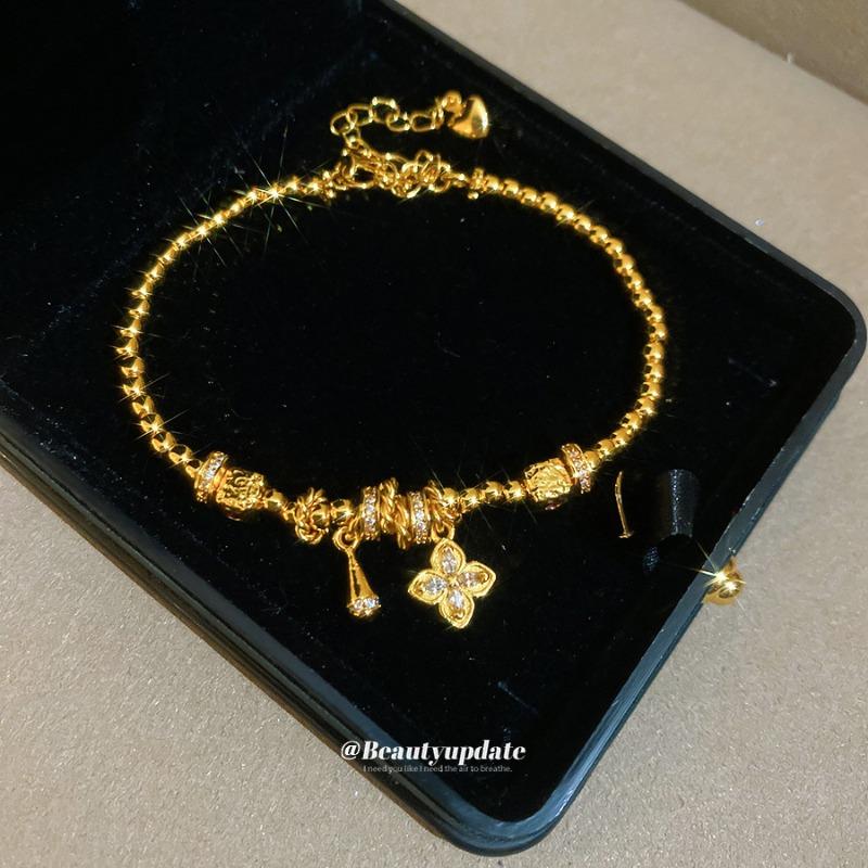K Real Gold Electroplated Metal Beaded Flower Bracelet French Retro Sand Gold Bracelet Light Luxury High-end Jewelry Women