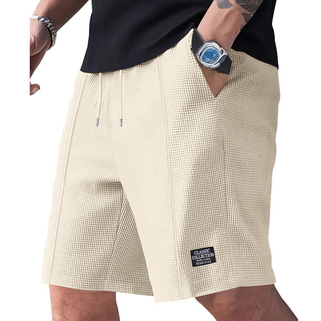 Men's Casual Shorts - Drawstring Elastic Waist Wide Beach Pants - Pocket Label Five-pocket Pants