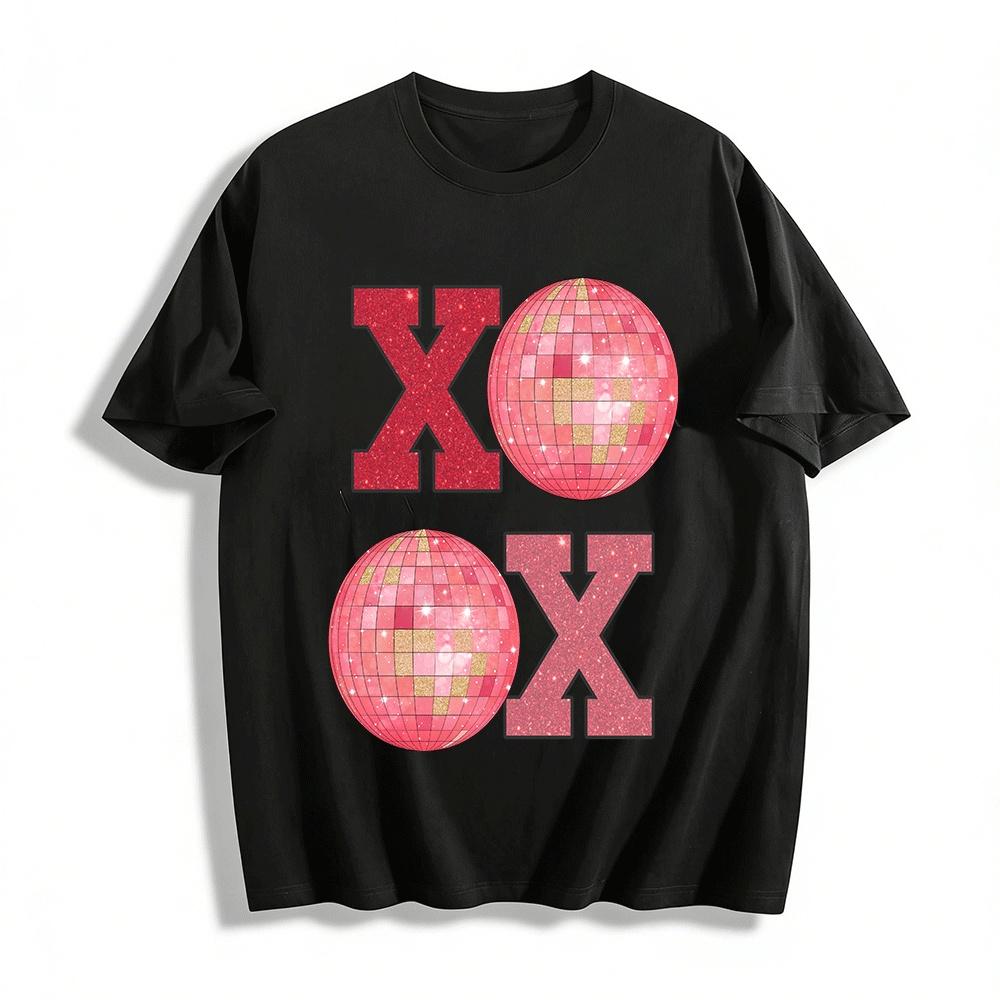 

XOXO Pink Gold Disco Ball Print Top Romantic Party Shiny Casual Tee Pure cotton T-shirt XXS