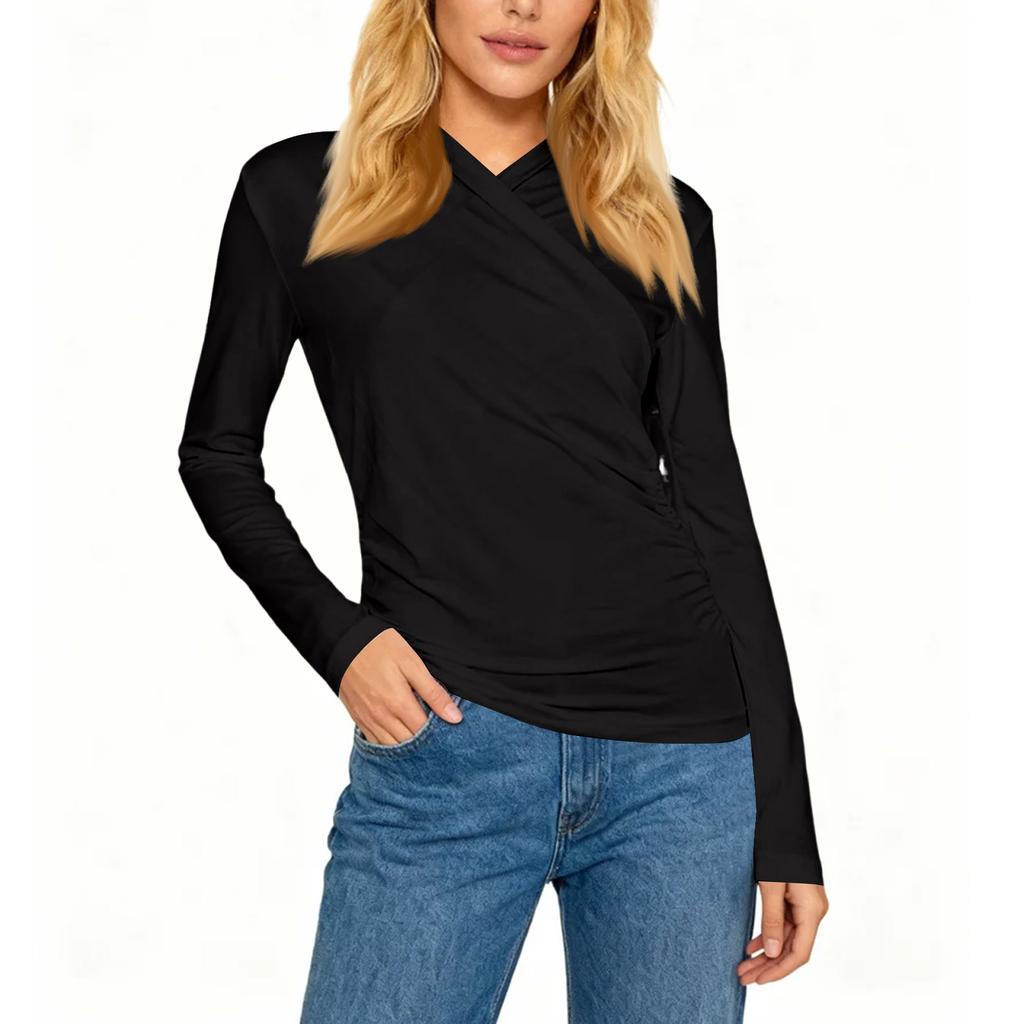 Women's Fashionable Design Cross-Neck Slim-Fit Versatile Pleated T-Shirt