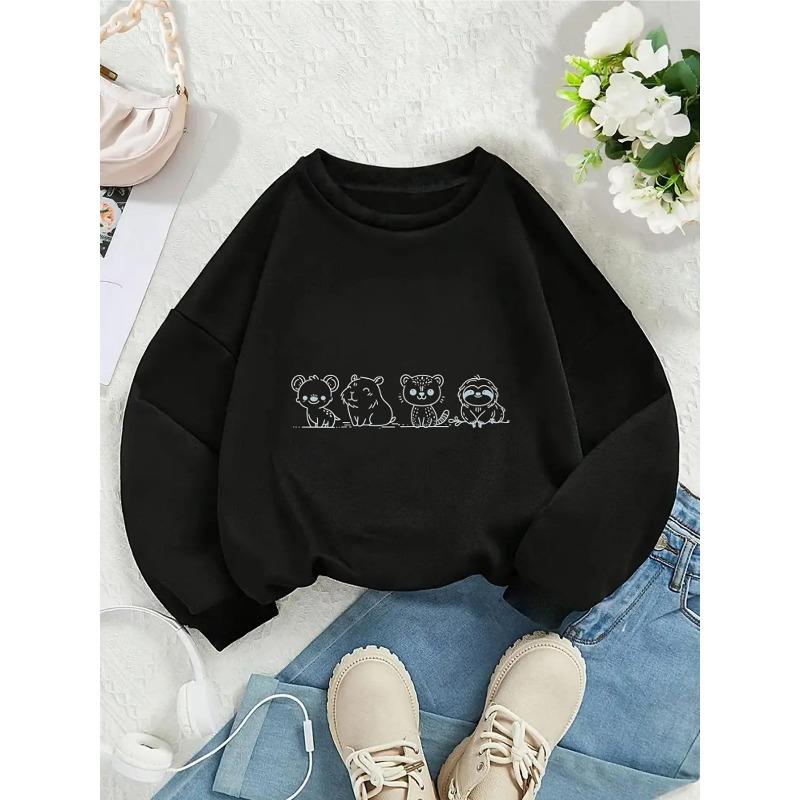 Crewneck Sweatshirt for Girls Featuring Adorable Animal Designs, Suitable for Machine Washing