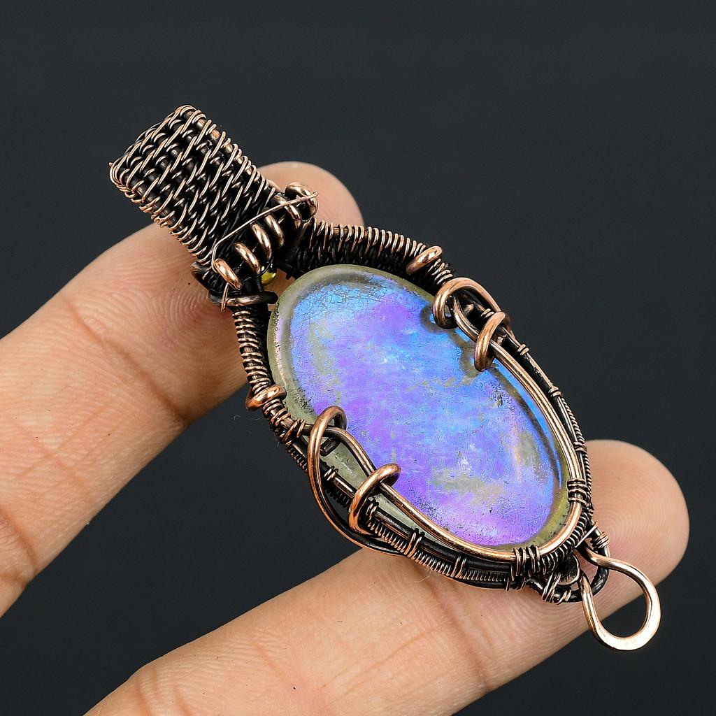 Rainbow Moonstone Handmade Copper Wire Wrap Pendant Jewelry 2.15" L4m25