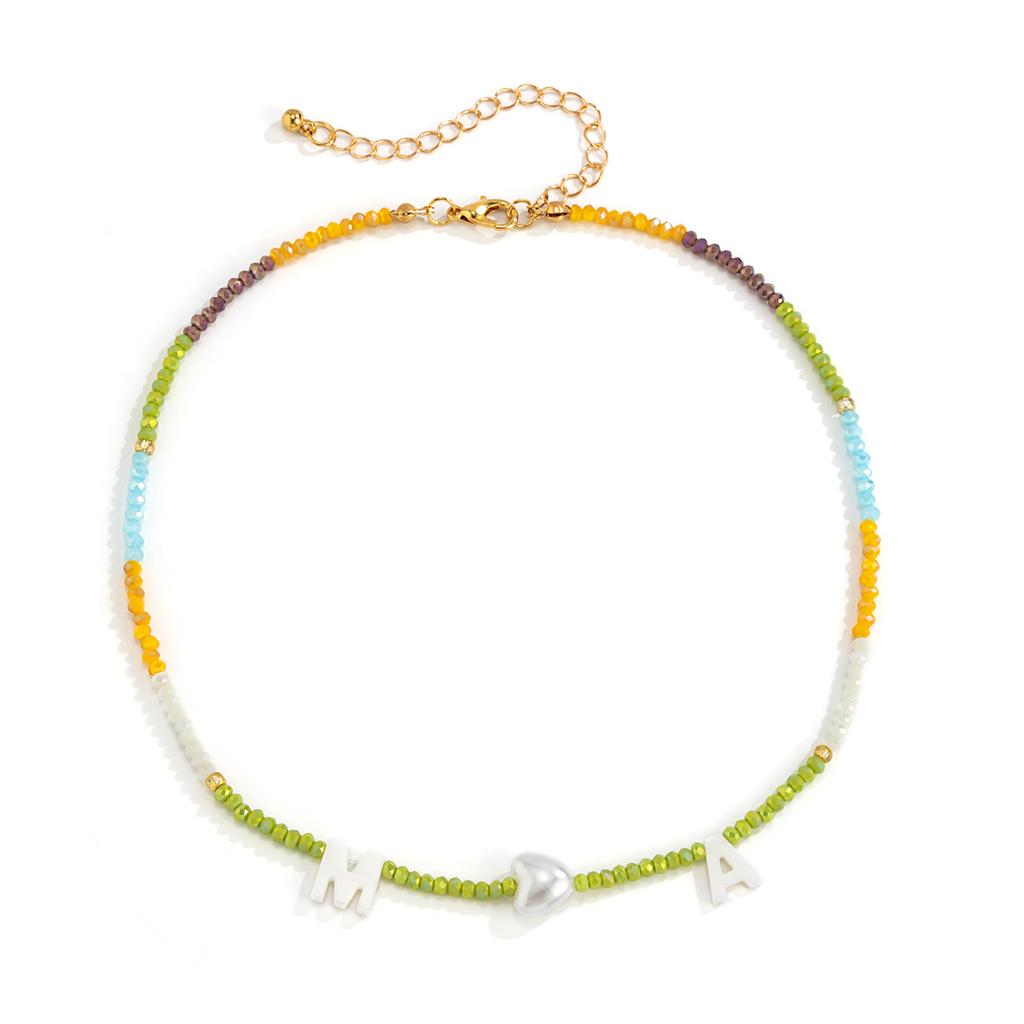 Bohemian Colored Crystal Rice Bead Collarbone Necklace, Simple Peach Heart Pearl Letter Necklace