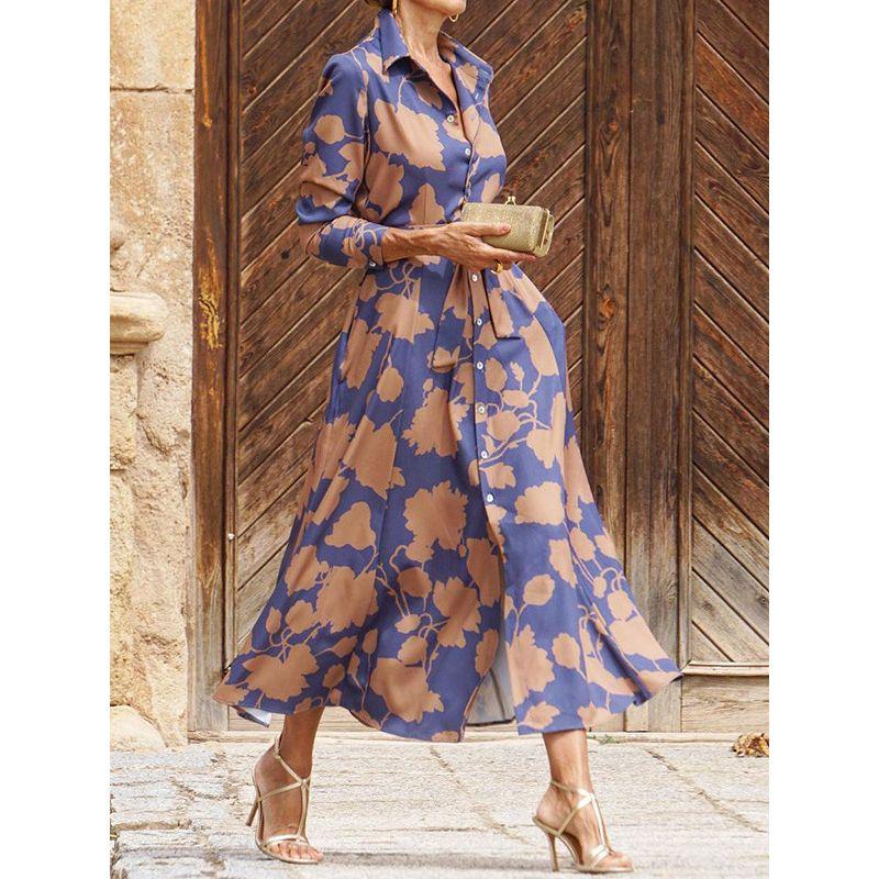 European and American New Women Fashion Temperament Print Mid-Length Waist Hugging Lace-up Shirt Dress Dress Shirtdress