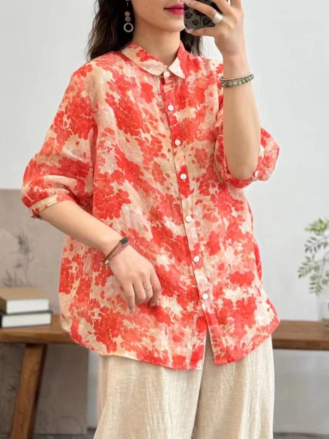 

Johnature Женские винтажные рубашки с цветочным принтом, отложным воротником и рукавом до локтя, топы на пуговицах, летняя блузка в китайском стиле One Size