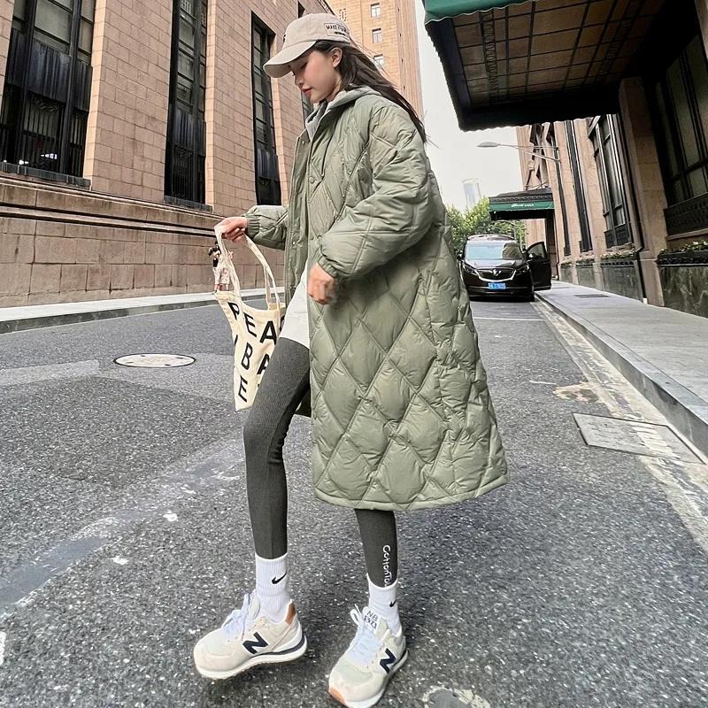 Autumn Winter Down Cotton Jacket Women's Long Over Knee Loose Jacket Diamond Grid Quilted Jacket Fake Two-Piece Parka