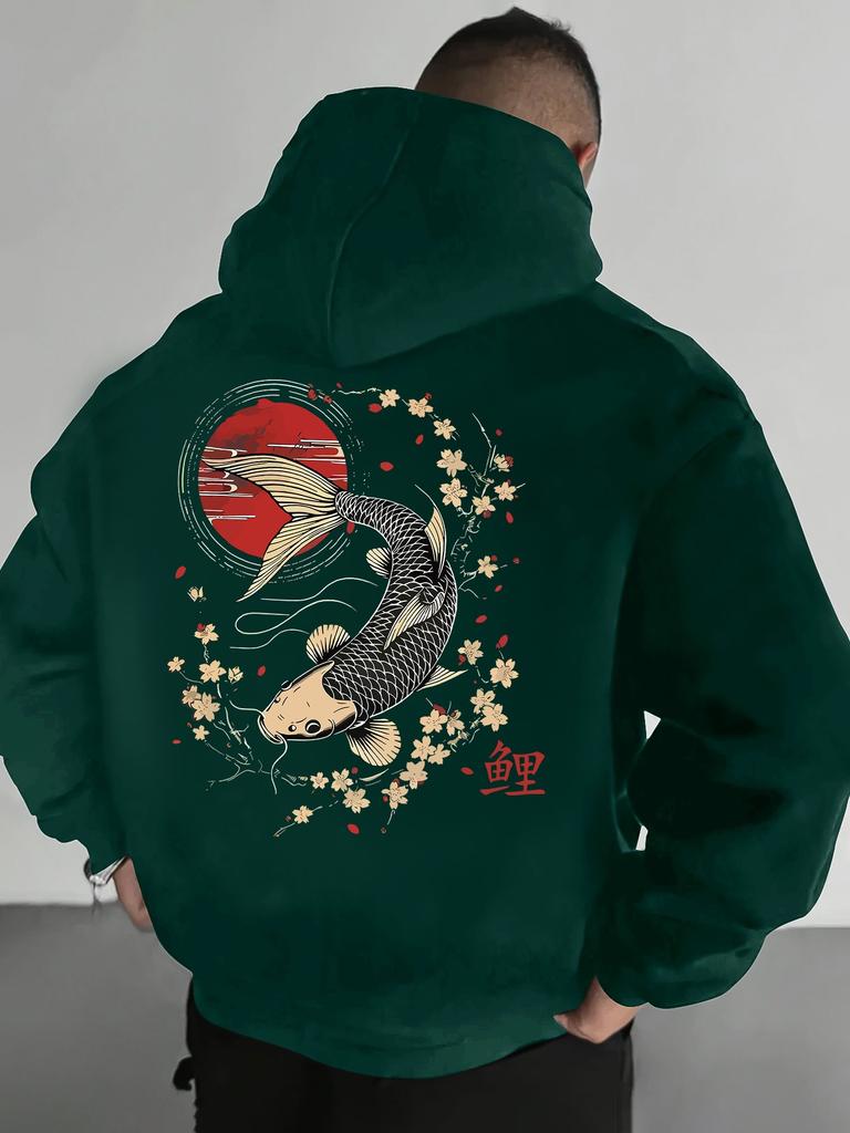 Men's Autumn/Winter Koi Pattern Hoodie Casual Long-Sleeved Pullover Sweatshirt Street Style Top