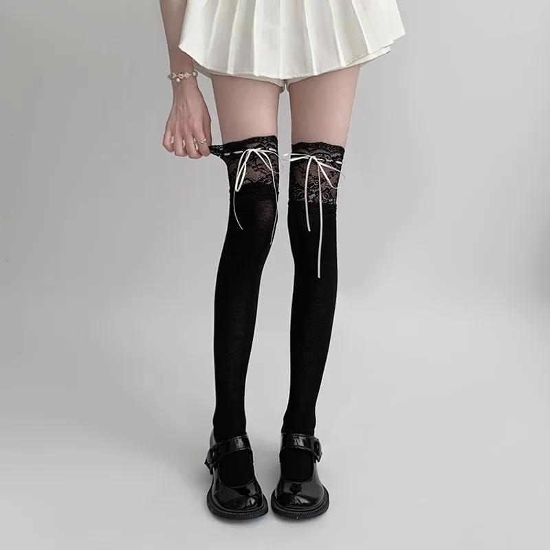 1pairs White Lace Lace Tied Ribbon Velvet Over Knee Socks Lolita Cute Sweet Calf Socks Women's Mid-Leg Kawai Thigh High Socks