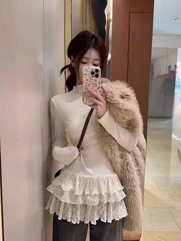 Ballet-Inspired Lace Trim Long Sleeve T-shirt for Women - Half High Collar, Slim Fit, Autumn/Winter Versatile Top