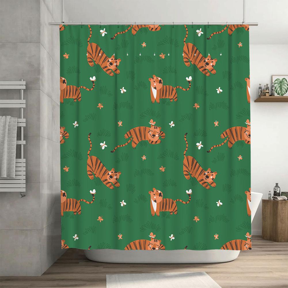 Tiger Print Shower Curtain Waterproof Fabric Decoration Home Bathroom Decor Green 3D Printing Bath Rug Set