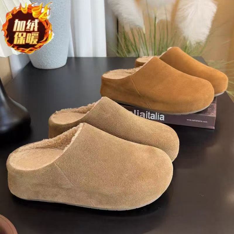 French Bag Head Birkenstock Half Slippers Wear Autumn and Winter New Velvet Slippers Half Single Shoes