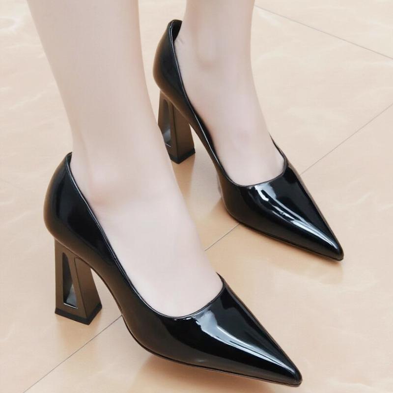 2025 New Women's  Patent Leather Cover Foot Non-slip All-match Single Shoes French Pointed Toe Shaped Heel Pump Shoes