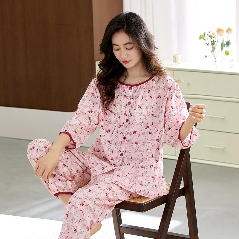 Pure cotton pajamas women`s seven-quarter-sleeved nine-point