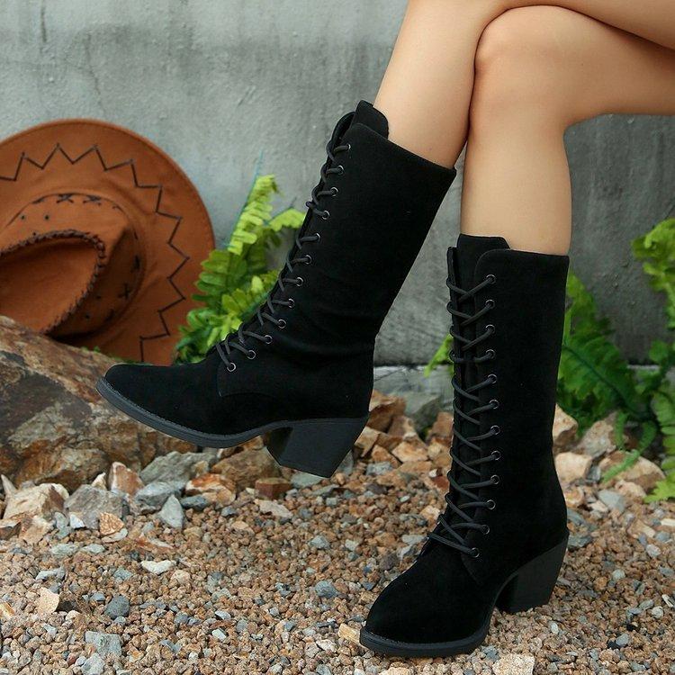 Large size suede high tube cross-strap fashion boots autumn and winter new pointed square but knee women's boots