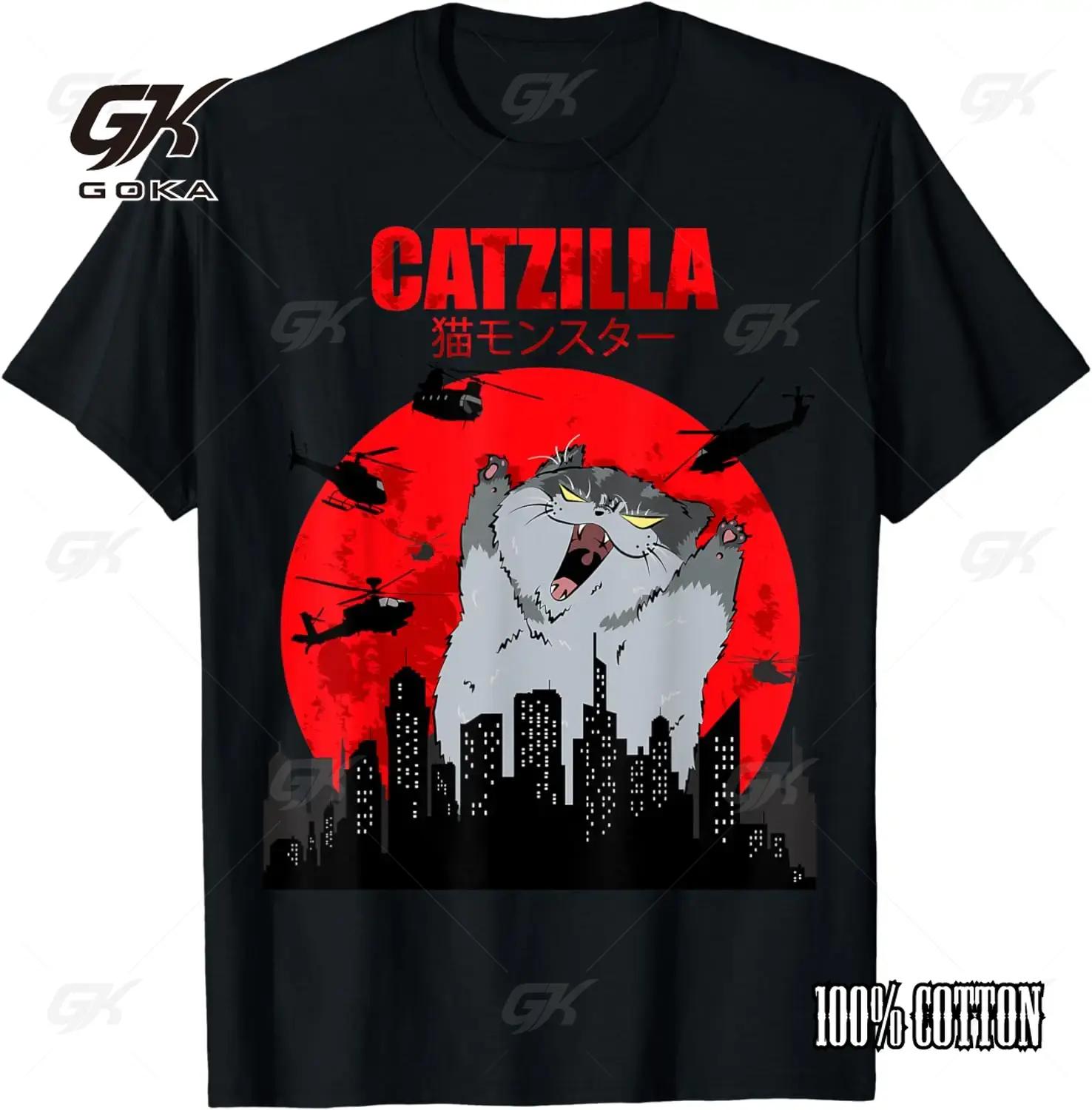 Забавный Милый Арт Японский Кот Графика для Любителя Кошек Catzilla Футболка Графика Повседневная Унисекс Футболки Женская Одежда Мода S