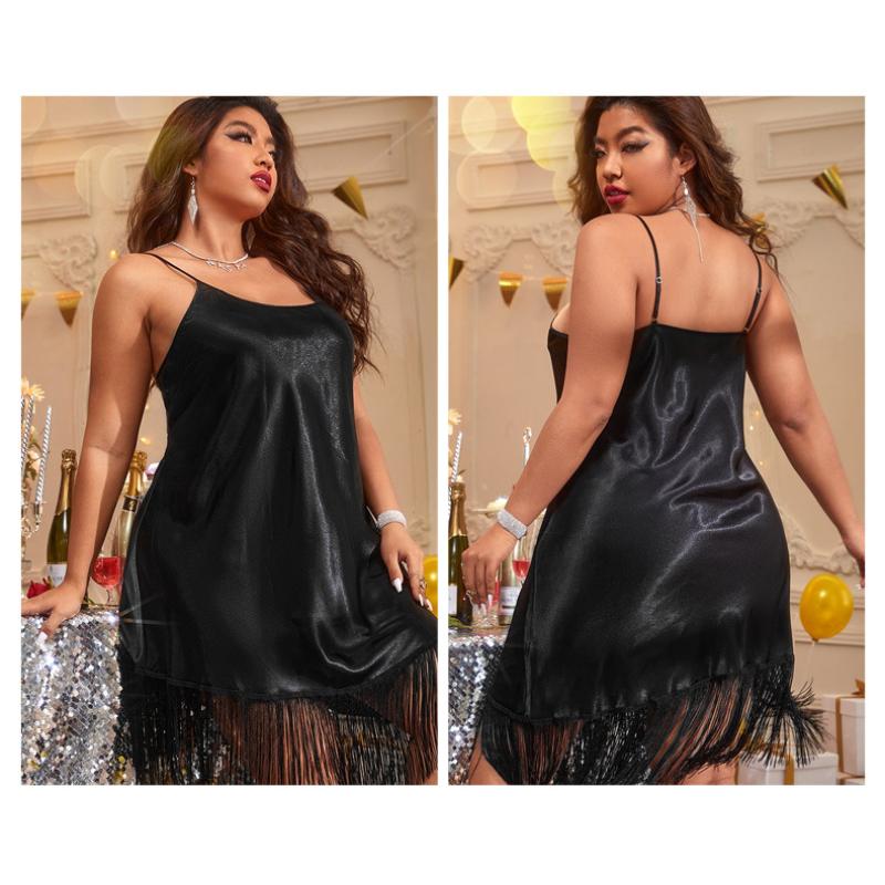 Danilin Cross-border Sexy Tassel Suspender Dress Women's Imitation Silk Home Clothes Women's Home Casual Pajamas