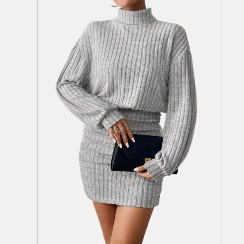 Women's Autumn Winter Pit Strip High Collar Lantern Sleeve Pleated Hip Wrap Dress