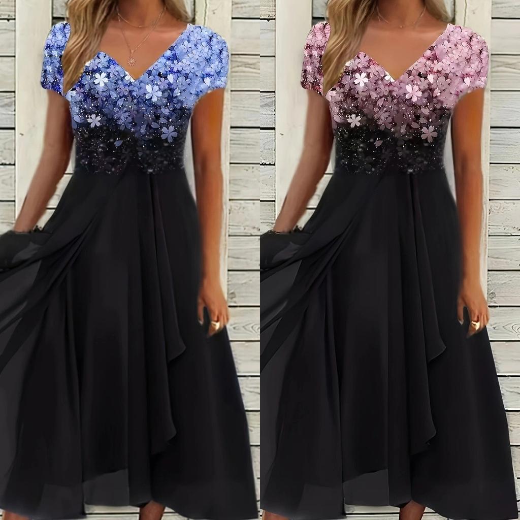 Women's V Neck Short Sleeve Midi Dress Loose Fit Mid Rise Casual Floral Print Chiffon Party Dress