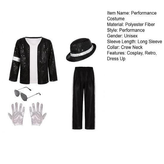 Kids 80s 90s Performance Costume, Black Sequin Jacket, Top, Trousers, Hat, Glasses, Gloves, 7 Piece Dance Party Outfits for Halloween, Stage