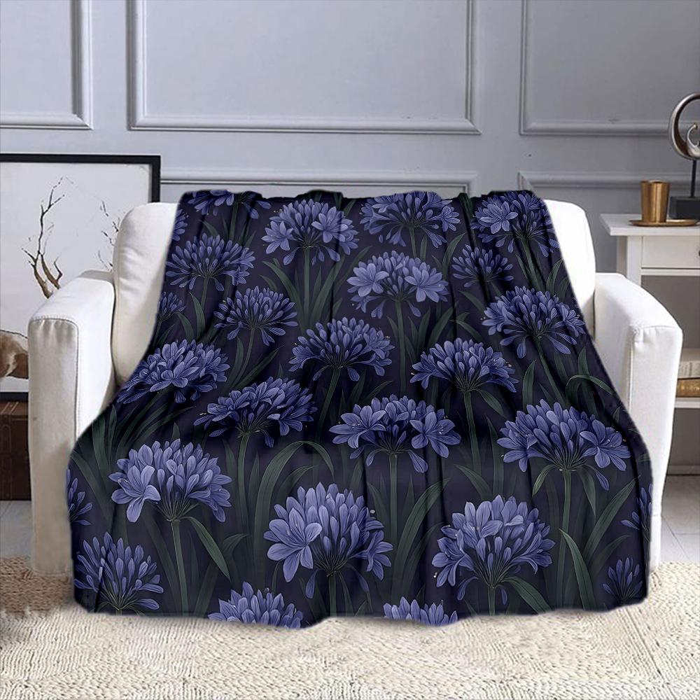 Purple Floral Pattern with Green Leaves Patterned Flannel Blanket Perfect for the Bedroom Living Room, Sofa, or a Little Nap