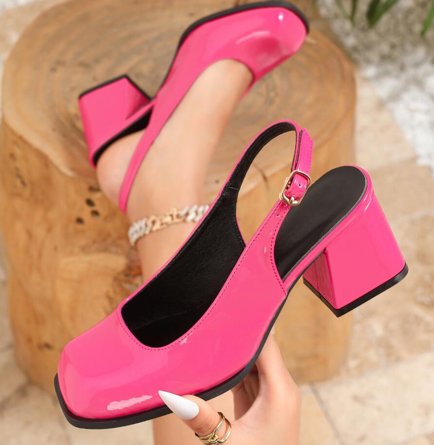 Size36-45 Women Slingback Chunky Heel Comfort Square Toe Pumps Mary Jane Baotou Women Sandals Summer Thick Heels High Heel Shoes