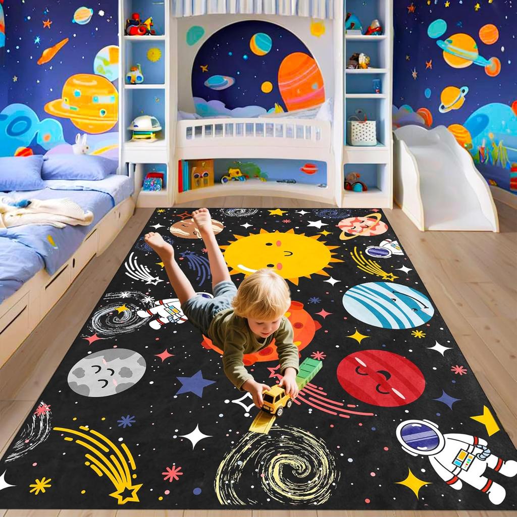 Solar System Rug for Kids - Galaxy Themed Playroom Carpet, Non-Slip Planet Print Floor Mat for Boys Bedroom, Classroom Decor