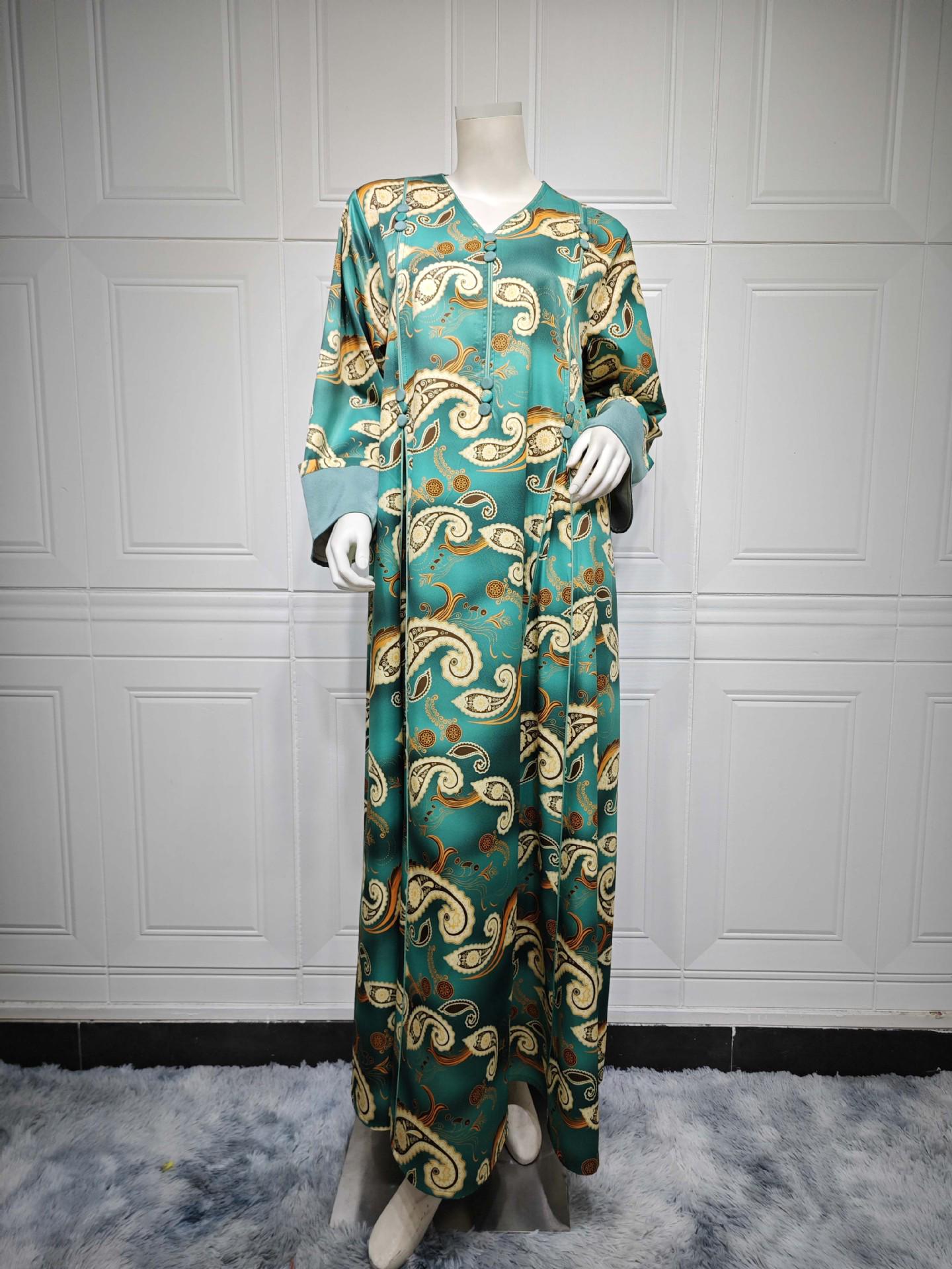 

AB373 Dubai Women s Fashion Print Robe - Stylish Middle Eastern Dress L зелений